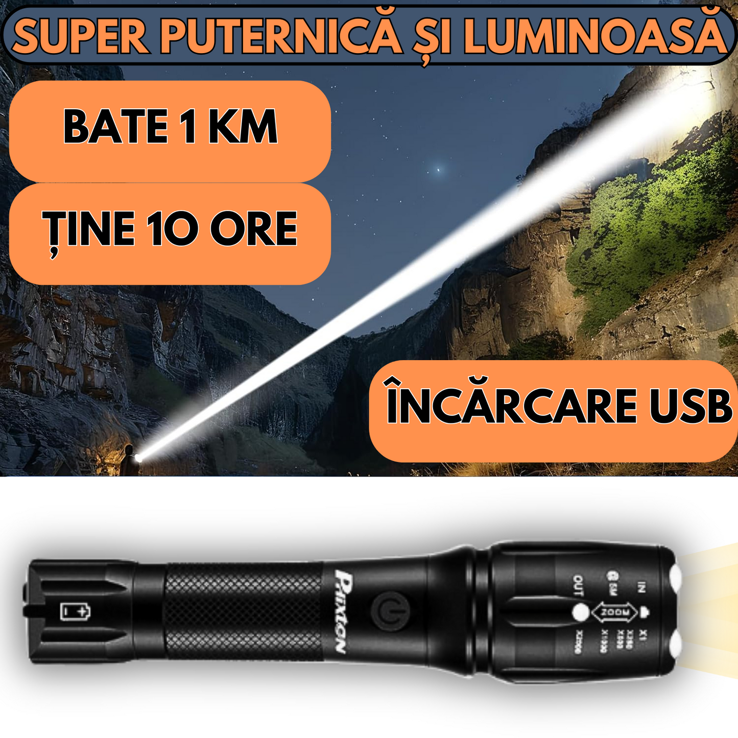 Lanternă LED reîncărcabilă cu USB